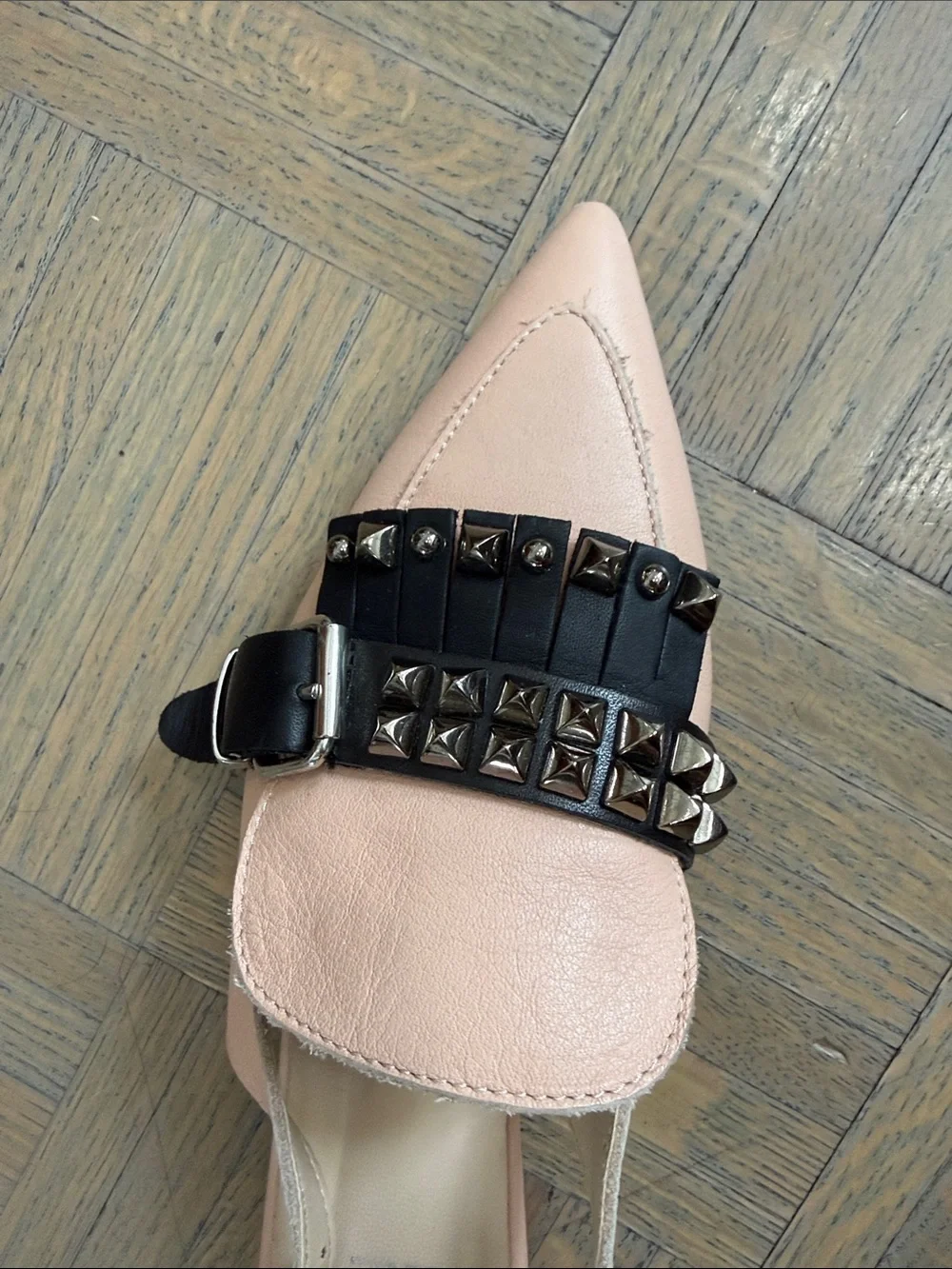 Pointed Slingback Flats in Blush with Black Fringe and Studs